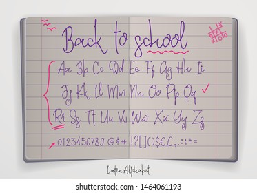 Back to school font banner in notebook. Latin alphabet handwriting,