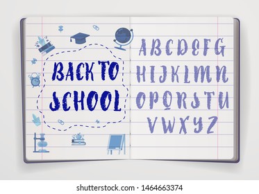 Back to school font banner in notebook. Latin alphabet handwriting,