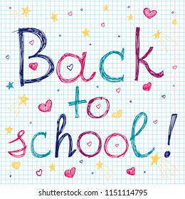 Back to school font illustration. Vector funny cartoon hand drawn colorful. Kid style in different colors.