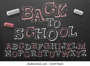 Back to School. Font pencil vintage alphabet drawing with chalk on chalkboard background. Vector typography. 