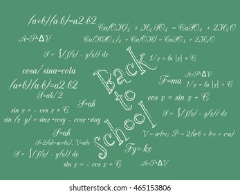 Back to school. Formulas on school blackboard on background. Vector illustration.