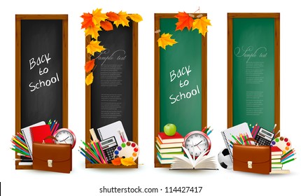 Back to school. Four banners with school supplies and autumn leaves. Vector.