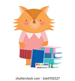 back to school, fox books notepad palette color cartoon vector illustration