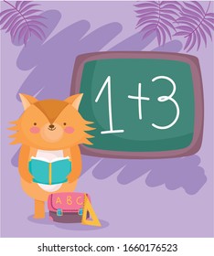 back to school, fox reading book with bag ruler chalkboard vector illustration