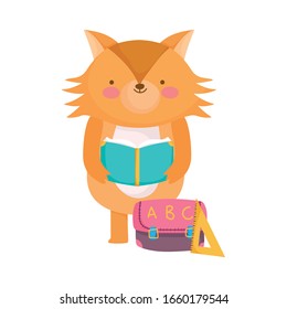 back to school, fox reading book with bag ruler cartoon vector illustration