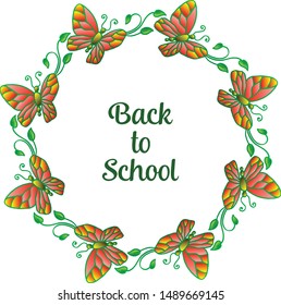 Back to school frame design, cute butterfly and green leaves. Vector