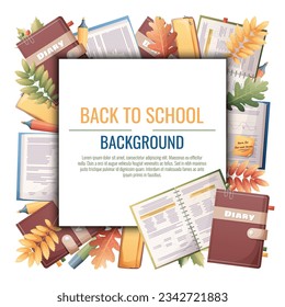 De vuelta al diseño del marco escolar. Cartel, postal con libros de texto, libros y papel. Escuela, conocimiento, educación. Antecedentes con material escolar.