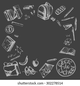 Back to School frame drawings by hand with a pencil.White drawing on a black background.