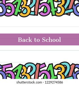 Back to school frame pattern template. Colorful number for math in flat style. white paper background. purple label. Design for invitations, wallpaper, greeting cards. icons vector illustration