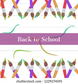 Back to school frame pattern template. Decorative colorful brush color in flat style. white paper background. purple label. Design for invitations, wallpaper, greeting cards. icons vector illustration
