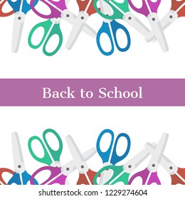 Back to school frame pattern template. Decorative colorful sharp scissor in flat style. white background. purple label. Design for invitations, wallpaper, greeting cards. icons vector illustration
