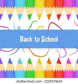 Back to school frame pattern template. pencil color object in flat style. white paper background. blue label. Design elements for invitations, wallpaper, greeting cards. icons vector illustration