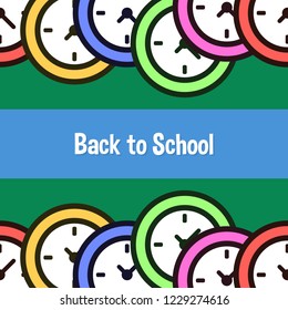 Back to school frame pattern template. colorful wall clock object in flat style. green background. blue label. Design elements for invitations, wallpaper, greeting cards. icons vector illustration