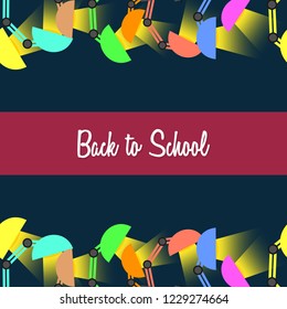 Back to school frame pattern template. Decorative study lamp with yellow light in flat style. black background. red label. Design for invitations, wallpaper, greeting cards. icons vector illustration