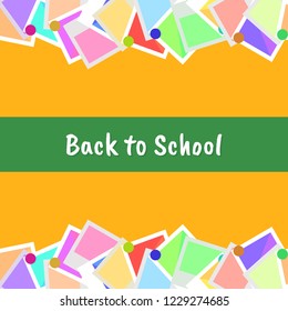 Back to school frame pattern template. Decorative colorful memorial photos in flat style. yellow background. green label. Design for invitations, wallpaper, greeting cards. icons vector illustration