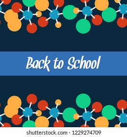 Back to school frame pattern template. Decorative colorful atom in flat style. dark background. blue label. Design for invitations, wallpaper, greeting cards. icons vector illustration
