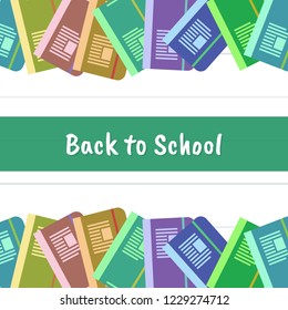 Back to school frame pattern template. Decorative colorful books in flat style. paper white background. green label. Design for invitations, wallpaper, greeting cards. icons vector illustration