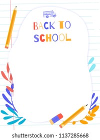 Back to school frame for pupils or students with space for text and notes and flat school supplies, pencil, leaves