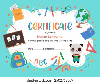 Back to school frame vector illustration. Elementary school certificate with kawaii animal. Cute design template for kids. School supplies background. Playful vibrant design for school children.