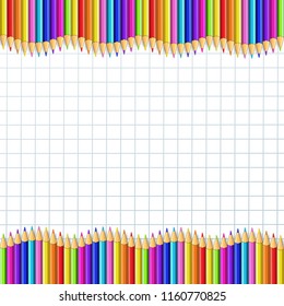 Back to school framework bordering template concept, with empty copy space for text. Vector wavy border frame made of multi colored wooden pencils in row on white checkered notebook sheet background.
