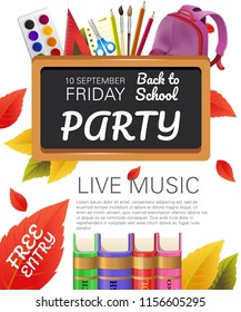 Back to school, free entry party flyer design with books, fall foliage and school supplies. Text can be used for leaflets, brochures, banners, posters