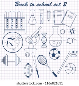 Back to School. Freehand drawing school items on a sheet of exercise book. Vector illustration. Set including microscope, spiral of the DNA, chemical-reagents, test tubes, dumbbell, basketball