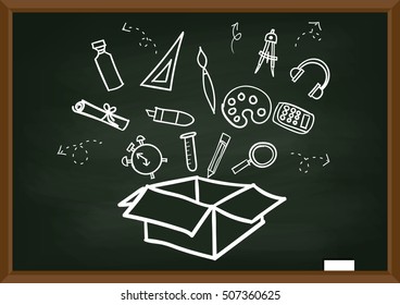 Back to School freehand drawing items on a black chalkboard. Vector illustration.