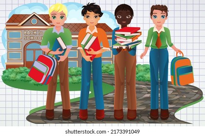 De vuelta a la escuela. Amigos compañeros de clase parados cerca de la escuela. ilustración vectorial