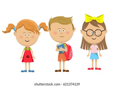 back to school friends girls with boy standing happy on white