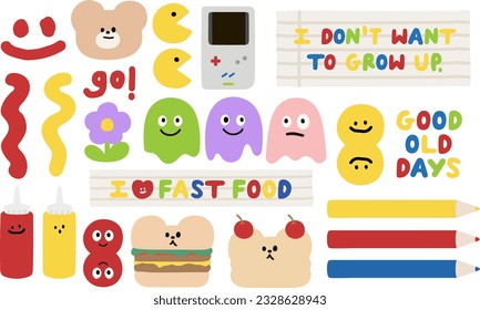 Back to school and friendship icons including game boy, fast food, burgers, lunches, colour pencils, flowers, teddy bear, ketchup and mustard sauces for decoration, sticker, banner, post, logo, ads...