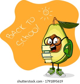 De vuelta al personaje del aguacate de la fruta de la escuela con muchos libros en las manos. Gracioso alumno