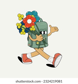 Back to school. Funny cartoon character school backpack with a large bouquet of flowers isolated on a white background. Flat vector illustration in cartoon retro style