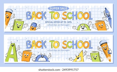Back to school. School funny cartoon office supplies characters. Design poster for sales, for ads. Vector illustration.