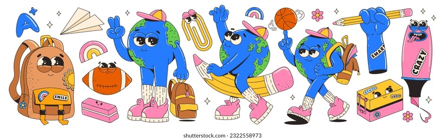 Back to school. Funny cartoon set with element and character. Funky retro groovy characters earth planet, school bag, ball, lunch box, marker and other. Vector illustration.