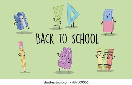 Back to school. Funny character. Green back ground. Vector