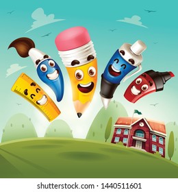 Back to School! Funny cute cartoon school stationery character jumping on background.