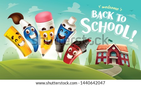 Back to School! Funny cute cartoon school stationery character jumping on background.