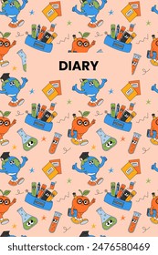 Back school funny diary cover with retro groovy characters. Back to school and education concept. Contemporary funky vector illustration