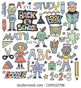 Back To School Funny Doodle Set 2. Color Drawing. Vector Illustration.