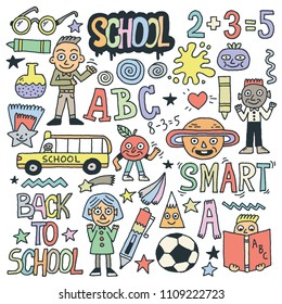 Back To School Funny Doodle Set 1. Color Drawing. Vector Illustration.