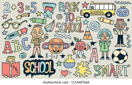 Back To School Funny Doodle Set 1. Color Drawing. Vector Illustration. Texture Background.