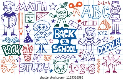 Back To School Funny Doodle Set 2.  Colored Lines School Notebook In A Cage.