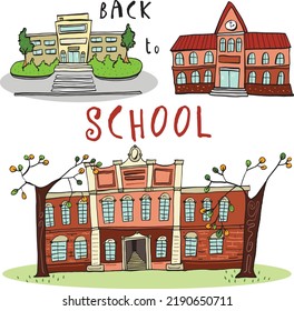 back to school: funny illustrations of three types of schools, modern and retro, spring and autumn for elementary, middle, high school