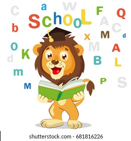 Back To School. Funny Lion Read Book On A White Background. Cartoon Vector Illustrations. Colored Letters Vector. Cartoon Lion Mascot. School Project.