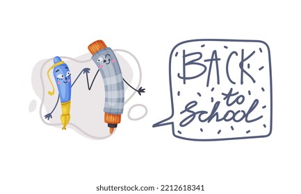 Back to school. Funny pen and pencil school supplies characters holding hands cartoon vector illustration