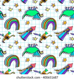 Back to school. Funny seamless pattern.  Kids doodles.  Fairy tale  concept. Vector repetition background for textiles , wrapping paper or wallpapers. Isolated vector illustration.