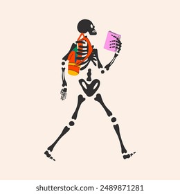 Back to school. Funny Skeleton ready for school with school stationery. Cute character Skeleton Bones