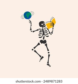 Back to school. Funny Skeleton ready for school with school stationery. Cute character Skeleton Bones