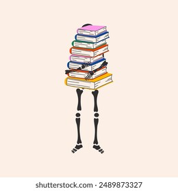 Back to school. Funny Skeleton ready for school with school stationery. Cute character Skeleton Bones