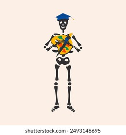 Back to school. Funny Skeleton ready for school with school stationery. Cute character Skeleton Bones